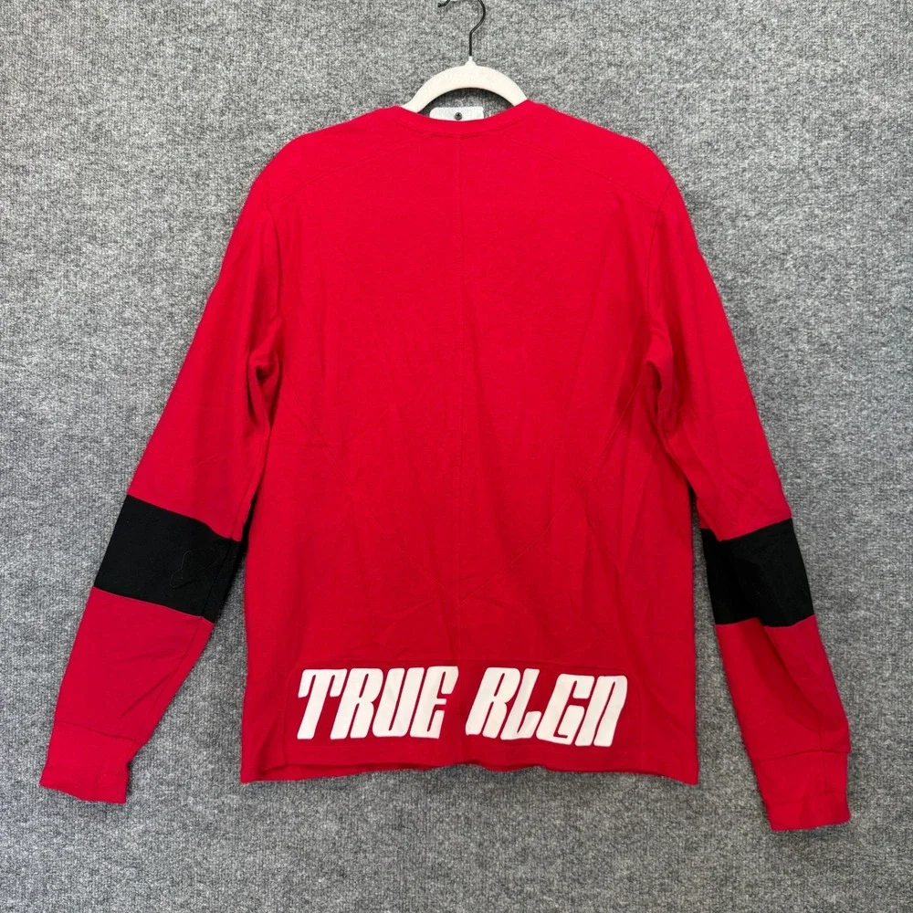 True‎ Religion Sweatshirt Mens Medium Red Black Stripe Fleece Pullover Big Logo